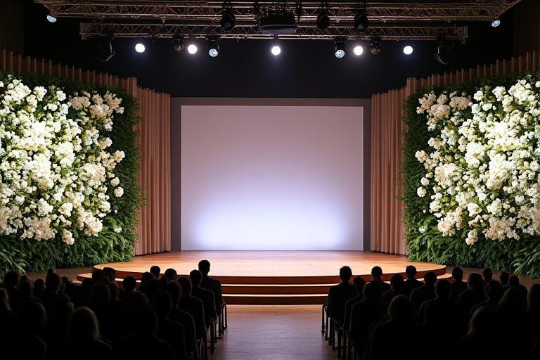 The stage of a corporate event flanked by two large, impressive floral installations.