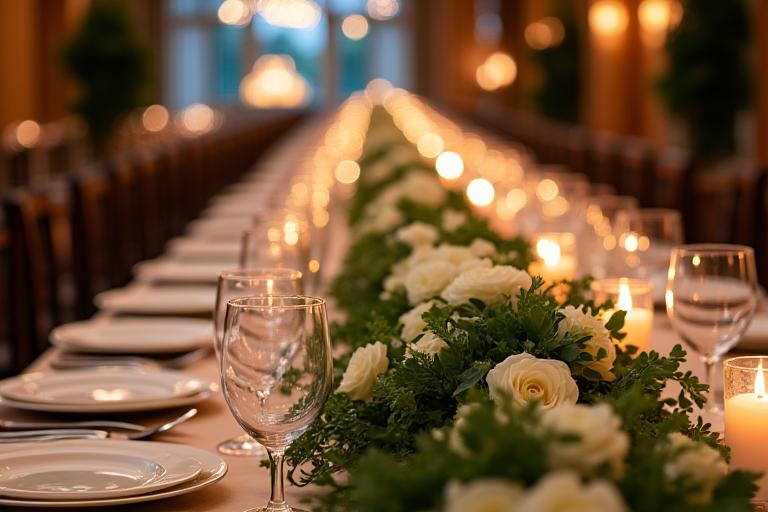 A long, lush floral centerpiece running down an elegant dinner table.