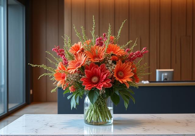 A striking modern floral arrangement on a reception desk in a corporate lobby.